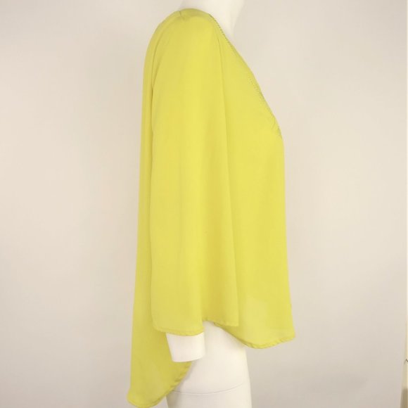 Umgee Chartreuse Semi Sheer Embroidered Hi Low Top - Picture 3 of 6